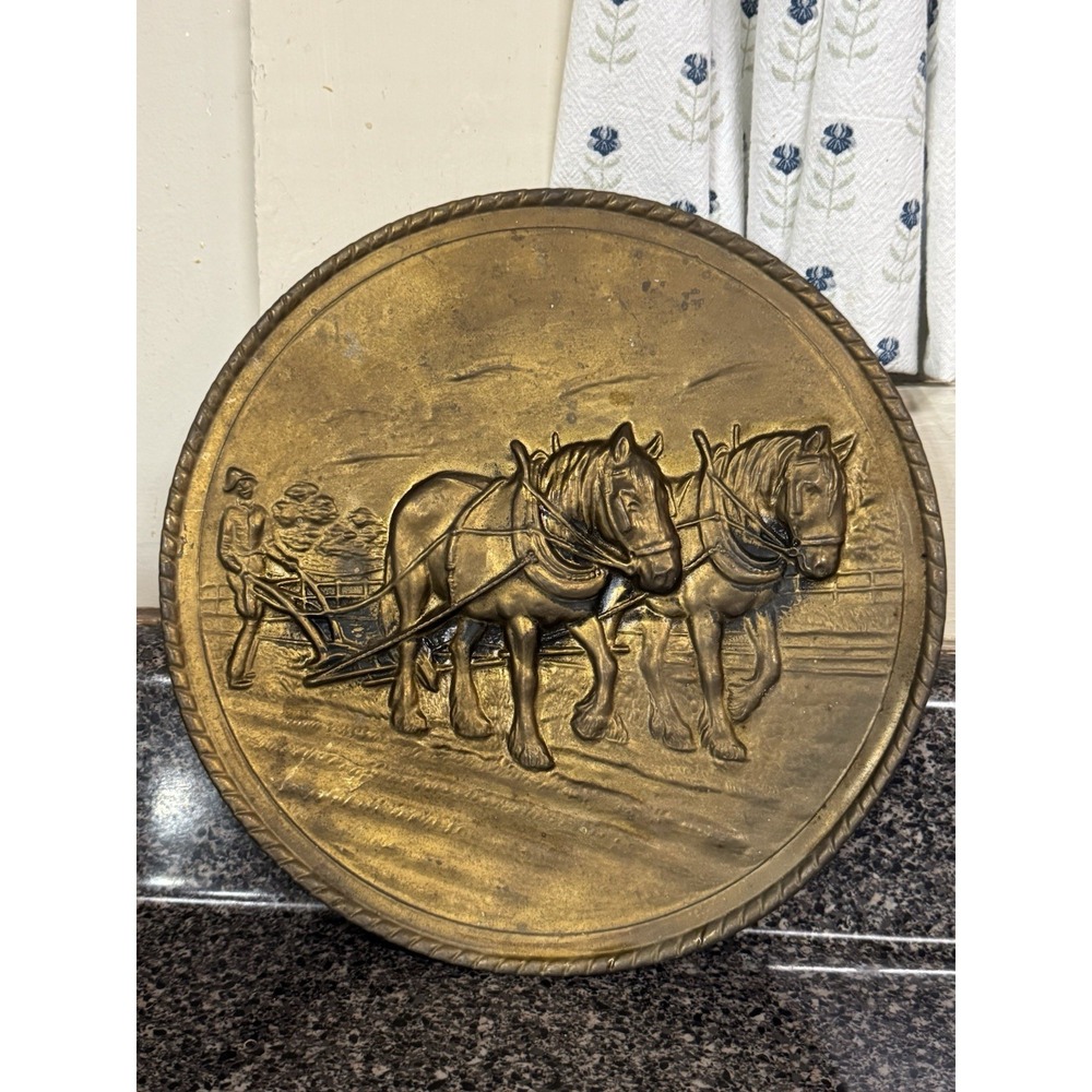 Vintage Embossed Brass Wall Plate Decorative Plate Made in England Horse & Plow - Picture 5 of 16